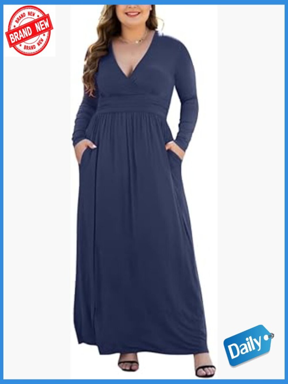 Plus Size Long Sleeve V-Neck Maxi Dress with Pockets